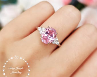 Pink Diamond Ring, 3 Carats Oval Pink Diamond Three Stone Engagement Ring, 8*10 mm Fancy Vivid Pink Diamond Simulant Ring, Promise Ring