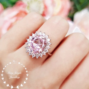Statement Halo Anello con diamante rosa, taglio ovale 10*12 mm Anello da cocktail simulato con diamante rosa fantasia, anello di fidanzamento con diamante rosa della principessa Diana