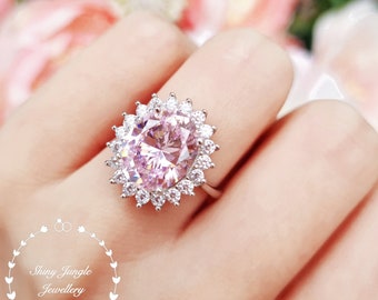 Statement Halo Pink Diamond Ring, Oval Cut 10*12 mm Fancy Pink Diamond Simulant Cocktail Ring, Princess Diana Pink Diamond Engagement Ring