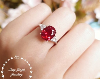 Oval genuine lab grown ruby engagement ring, July Birthstone promise ring, three stone design, white/rose gold plated sterling silver