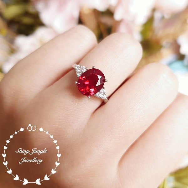 Oval genuine lab grown ruby engagement ring, July Birthstone promise ring, three stone design, white/rose gold plated sterling silver