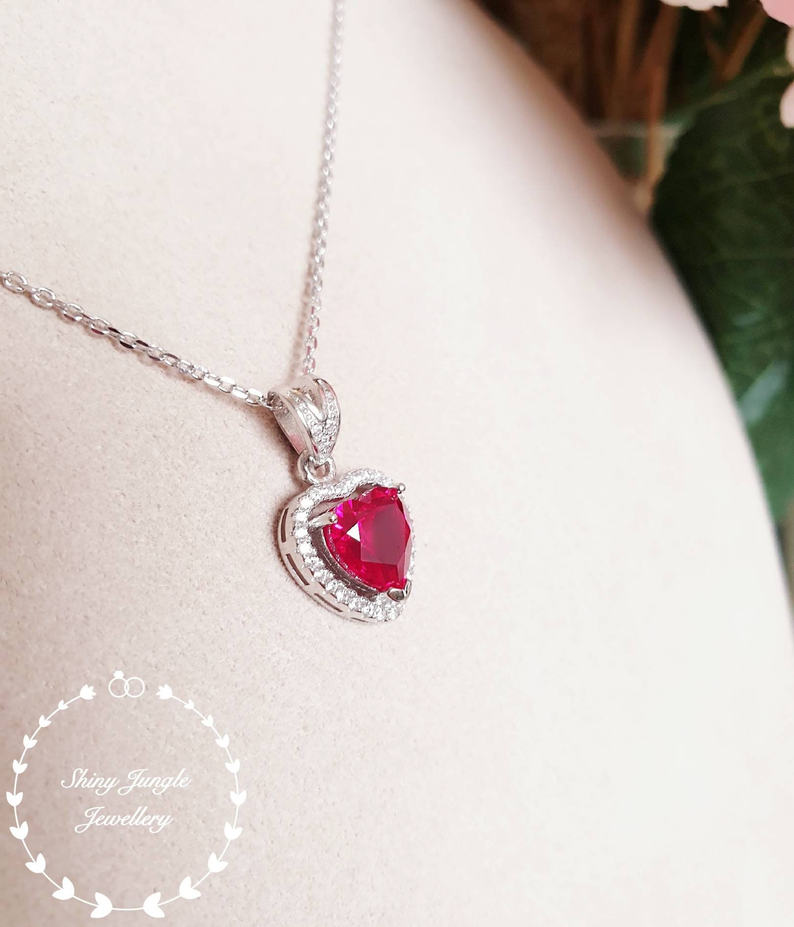 Halo Heart shaped Genuine lab grown Ruby necklace, July Birthstone ...