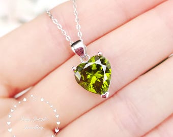 Heart Cut Peridot Necklace, 3 Carats 10 mm Peridot Heart Pendant, August Birthstone Gift, Olive Green Gemstone Heart Solitaire
