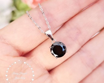 Black Spinel Round Solitaire Necklace, 2 Carats 8mm Opaque Black Spinel Pendant with Chain, Black Stone Necklace, Minimal Gothic Necklace