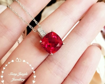 Cushion cut genuine lab grown Ruby necklace, July birthstone pendant gift, square ruby pendant, white/rose gold plated sterling silver