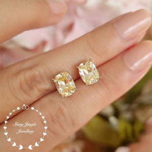Cushion Cut Fancy Yellow Diamond Studs, 6*8mm Cushion Cut Pastel Yellow Diamond Simulant Stud Earrings, Minimalistic Bridal Earrings