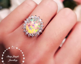 Statement Diana Halo Opal Ring, 10*12 mm Oval Cabochon White Fire Opal Engagement Ring, October Birthstone Gift For Her, Opal Cocktail Ring