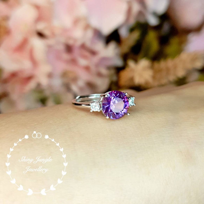 Alexandrite Ring, 2 carats 8 mm Round Cut Alexandrite Three Stone Engagement Ring, June Birthstone Promise Ring, Colour Changing Gemstone image 5