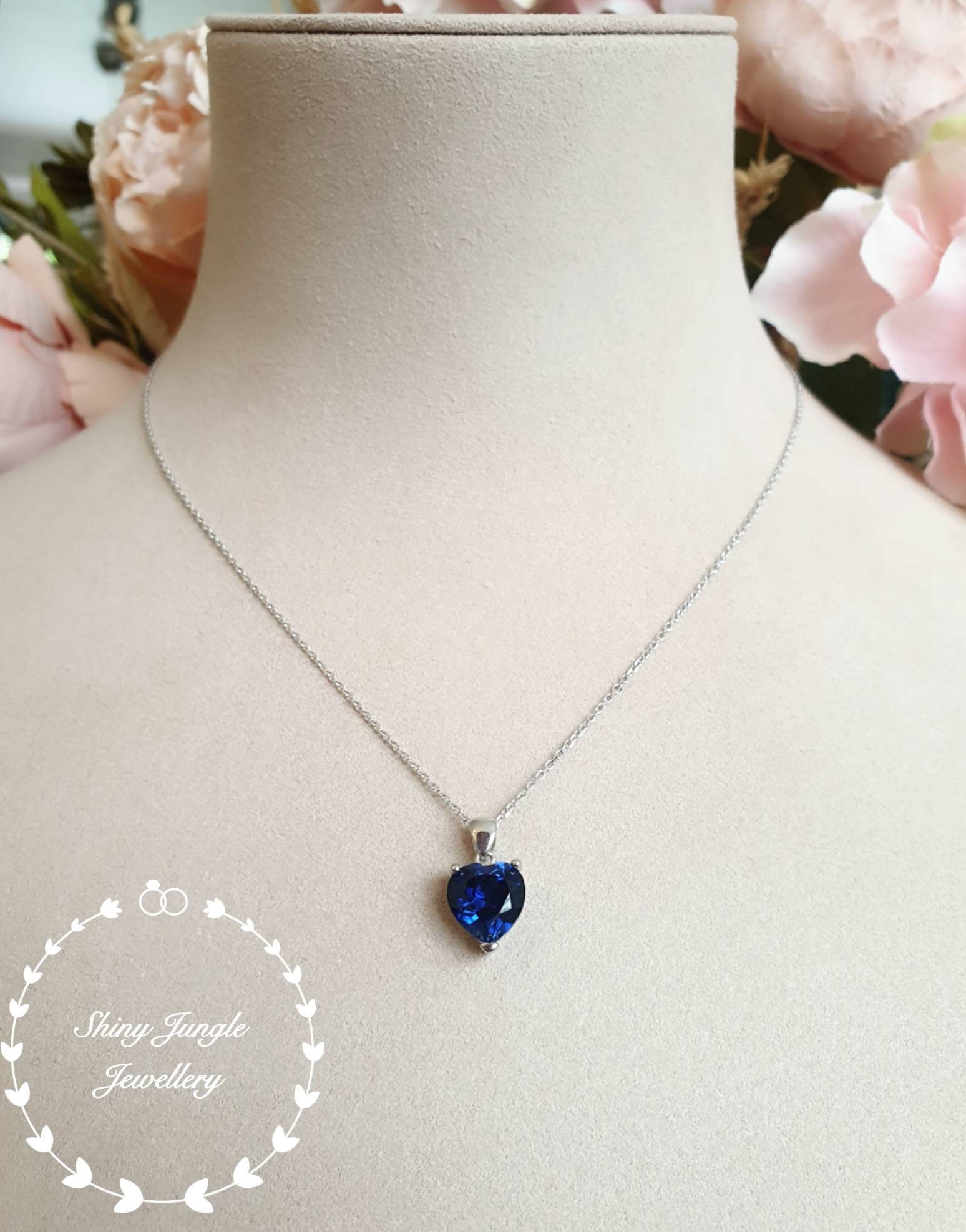 Genuine Lab Grown Heart Shaped Sapphire Necklace, Royal Blue