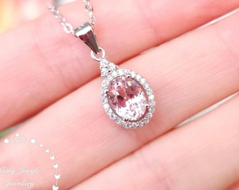 Rare Pastel Blush Pink Genuine Lab Grown Sapphire Necklace, 2 Carats 6*8 Oval Light Padparadscha Sapphire Drop Pendant in Halo Setting
