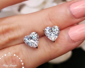 Diamond Heart Earrings, 2 Carats Heart Shaped Diamond Simulant Studs, Bridal Earrings, April Birthstone, Valentine's Gift