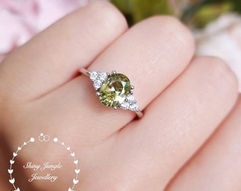 Oval Peridot ring, 2 carats 6*8 mm Three Stone Oval Cut Peridot Engagement Ring, August Birthstone Promise Ring, Olive Green Gemstone Ring