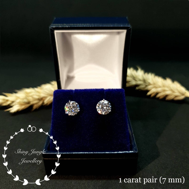 Diamond Stud Earrings, 0.5, 1 & 2 Carat Man Made Diamond Simulant Studs, 14k White Gold Plated Silver 3 Prong Set, Mothers Gift with Box image 8