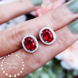 2 Carats Oval Pigeons Blood Genuine Lab Grown Ruby Stud Earrings, Modern Halo Oval Ruby Earrings, Bridal Earrings, Micropave Halo Earrings