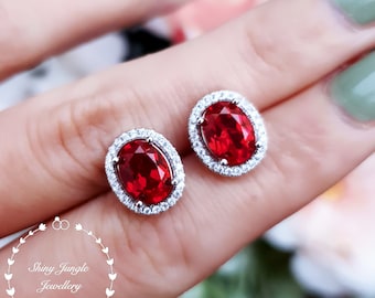 2 Carats Oval Pigeons Blood Genuine Lab Grown Ruby Stud Earrings, Modern Halo Oval Ruby Earrings, Bridal Earrings, Micropave Halo Earrings