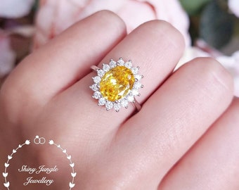 3 Carats Royal Halo Yellow Diamond Ring, 8*10 mm Oval Cut Yellow Diamond Simulant Engagement Ring, Fancy Vivid Yellow Diamond Statement Ring