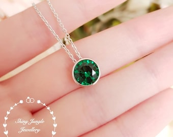 2 Carats 8mm Round Emerald Solitaire Necklace, Classic Bezel Set Round Emerald Pendant, May birthstone pendant, Green Gemstone Pendant