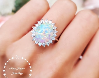 Statement Diana Halo Opal Ring, 10*12 mm Oval Cabochon White Fire Opal Engagement Ring, October Birthstone Gift For Her, Opal Cocktail Ring