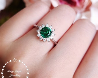 Flower Halo Round Cut Emerald Engagement Ring, 1 carat 6 mm Delicate Emerald Promise Ring, May Birthstone Gift, Muzo Green Emerald Ring