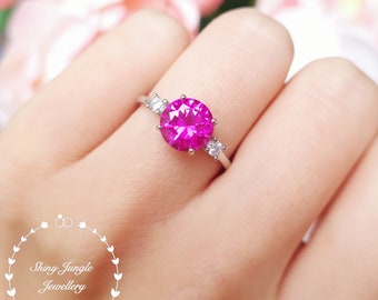 Three Stone Pink Sapphire Ring, 2 Carats 8 mm Round Cut Genuine Lab Grown Pink Sapphire Engagement Ring, September Birthstone Promise Ring