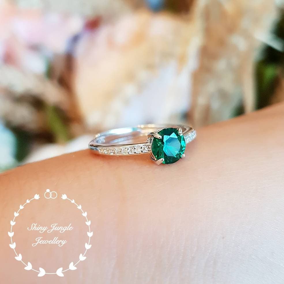 Delicate emerald ring, round emerald engagement ring, emerald promise