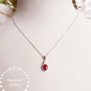 Three stone halo design genuine lab grown ruby necklace, July birthstone pendant gift, white gold plated sterling silver, bridal necklace