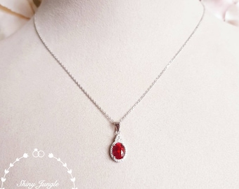 Three stone halo design genuine lab grown ruby necklace, July birthstone pendant gift, white gold plated sterling silver, bridal necklace