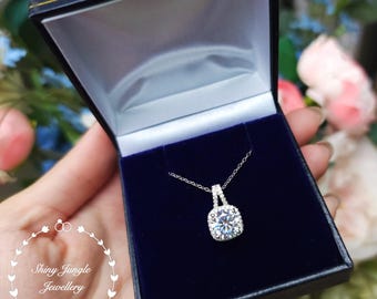 2 Carats Diamond Necklace, New Design 8 mm Brilliant Cut Diamond Simulant Pendant with Unique Cushion Setting, Sterling Silver Necklace