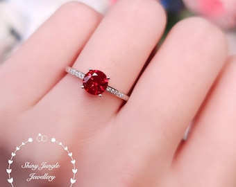 Delicate Round Cut Genuine Lab Grown Ruby Engagement Ring, Dainty 6 mm Ruby Ring, July Birthstone Promise Ring, Valentine's Gift For Her