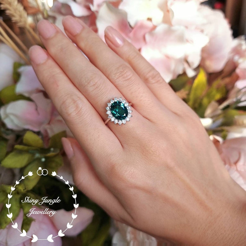 Halo 3 Carats Oval Cut Indicolite Tourmaline Engagement Ring, Teal Green Tourmaline Ring, Deep Turquoise Tourmaline Ring, October Birthstone image 4