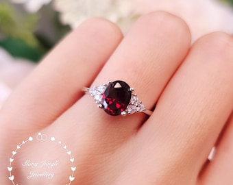 Oval Three Stone Garnet Engagement Ring, 2 Carats 6×8 mm Deep Red Garnet Promise Ring, January Birthstone Gift