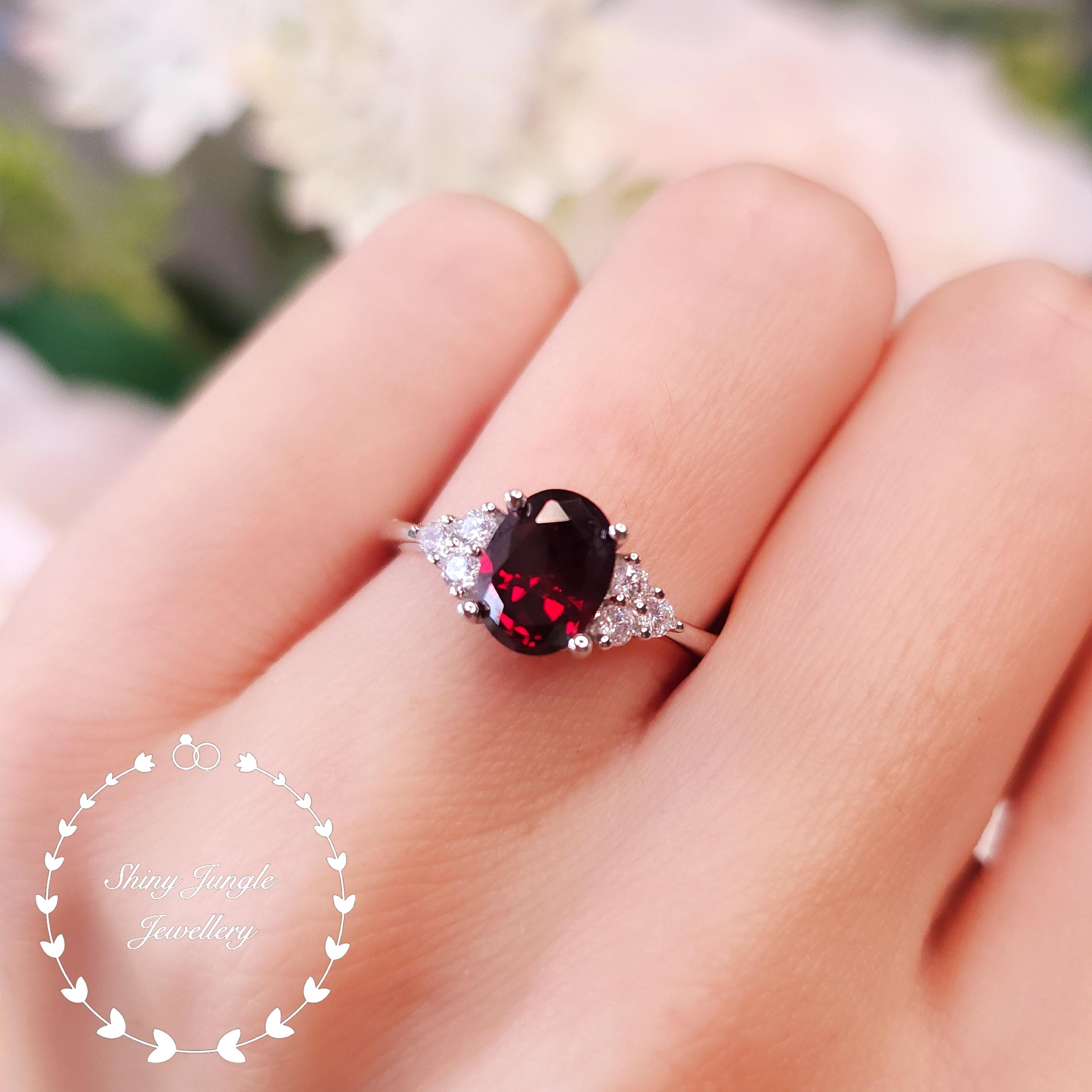 Oval Three Stone Garnet Engagement Ring, 2 Carats 6×8 Mm Deep Red