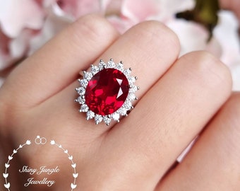 Statement 6 Karat Echter Lab grown Tauben Blut Rubin Ring, Oval 12×10mm Halo Deep Ruby Cocktail Ring, Prinzessin Diana Verlobungsring