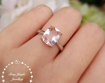 Cushion Cut Morganite Solitaire Ring, 3 Carats 8*10 mm Cushion Morganite Engagement Ring, white gold plated sterling silver, Pink Stone Ring