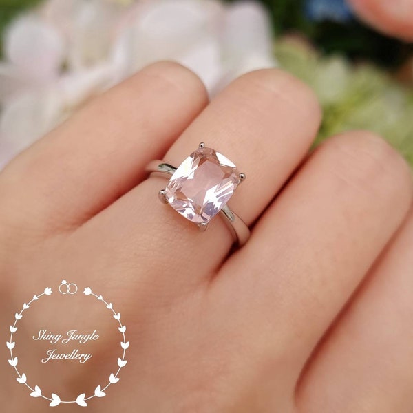 Coussin Morganite Solitaire Ring, 3 Carats 8*10 mm Cushion Morganite Engagement Ring, argent sterling plaqué or blanc, Pink Stone Ring