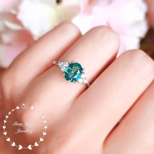 2 Carats Oval Indicolite Tourmaline Engagement Ring, Three Stone Teal Green Tourmaline Promise Ring, Peacock Gemstone Ring, October Birthday