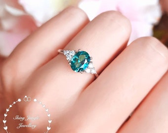2 Carats Oval Indicolite Tourmaline Engagement Ring, Three Stone Teal Green Tourmaline Promise Ring, Peacock Gemstone Ring, October Birthday