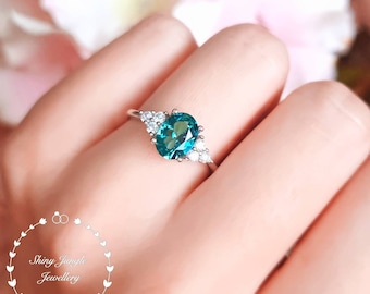 2 Carats Oval Indicolite Tourmaline Engagement Ring, Three Stone Teal Green Tourmaline Promise Ring, Peacock Gemstone Ring, October Birthday