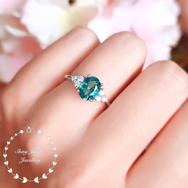 2 Carats Oval Indicolite Tourmaline Engagement Ring, Three Stone Teal Green Tourmaline Promise Ring, Peacock Gemstone Ring, October Birthday