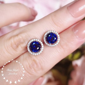 Round Halo Sapphire Earrings, 1 Carat Genuine Lab Grown Royal Blue Sapphire Stud Earrings, Blue Bridal Earrings, September Birthstone Studs