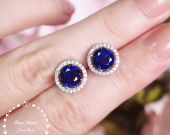 1 Carat Round Genuine Lab Grown Royal Blue Sapphire Stud Earrings, Round Halo Sapphire Earrings, Blue Bridal Earrings, Classic Halo Earrings