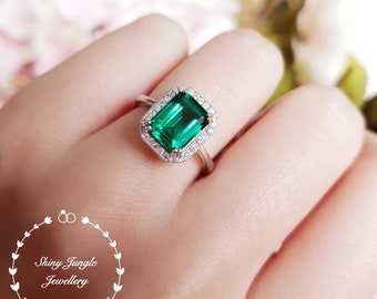 Halo emerald cut emerald engagement ring, vivid green emerald ring, green gemstone ring, rectangular ring, white/rose gold plated silver