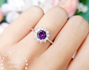 Flower Halo Amethyst ring, Diana Halo 6 mm Round Cut Amethyst Engagement Ring, February Birthstone Promise Ring, Purple Gemstone Ring