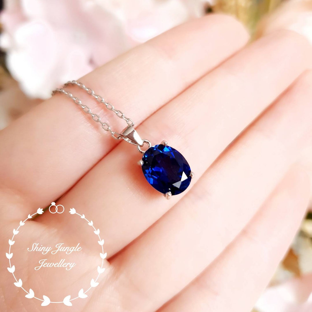 Genuine Lab Grown Royal Blue Sapphire Pendant, Simple Oval Sapphire Solitaire Necklace, White