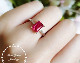 Emerald cut genuine lab grown ruby engagement ring, rectangular ruby solitaire ring, white gold plated sterling silver, red gemstone ring