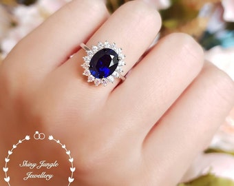 3 Carats Halo Sapphire Ring, Genuine Lab Grown Royal Blue Sapphire Engagement Ring, Princess Diana Ring, September Birthstone Promise Ring