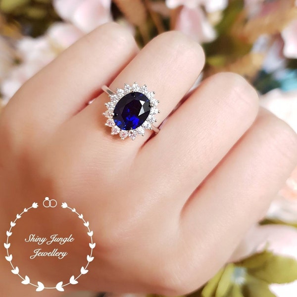 3 Carats Halo Sapphire Ring, Genuine Lab Grown Royal Blue Sapphire Engagement Ring, Princess Diana Ring, September Birthstone Promise Ring