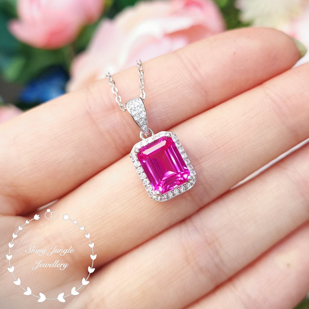 Emerald Cut Genuine Lab Grown Pink Sapphire Necklace, Carats