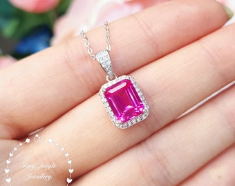 Emerald cut Genuine lab grown Pink Sapphire Necklace, 3 Carats 7×9 mm Emerald Cut Hot Pink Sapphire Halo Pendant, September Birthday Gift