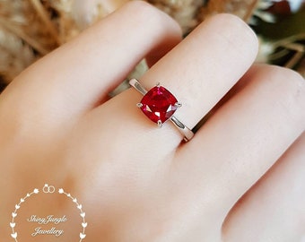 Cushion cut genuine lab grown ruby promise ring, delicate July birthstone gift, white gold plated sterling silver, square red gemstone ring